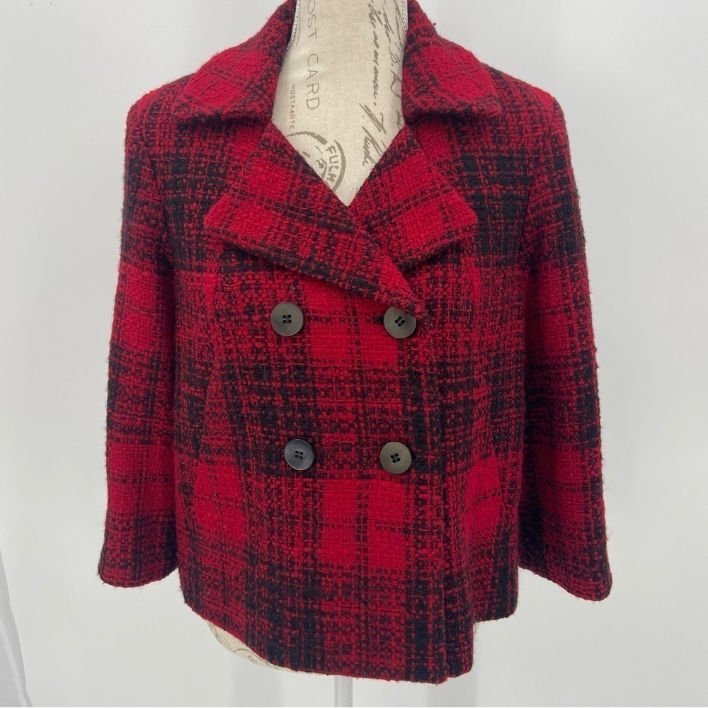 Talbots Red & Black Plaid Double-Breasted Cropped Blazer